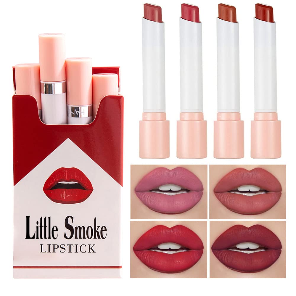 Little Small Smoke Tube Cigarettes Lipstick, Color Changing Lip Gloss Lipstick,Nude Matte Lipstick Set,Red Long Lasting 24 Hours Waterproof Ladies Lip Balm Lipstick 4 Pcs