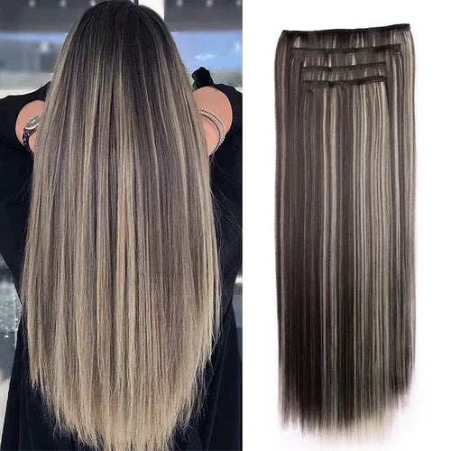 Clip in Synthetic Hair Extensions Long Wavy 4PCS Thick Hairpieces Dark