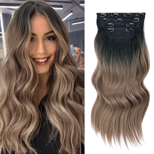 Clip in Synthetic Hair Extensions Long Wavy 4PCS Thick Hairpieces Dark