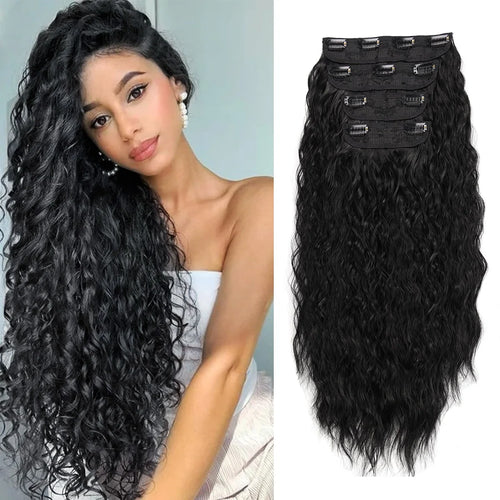 Clip in Synthetic Hair Extensions Long Wavy 4PCS Thick Hairpieces Dark