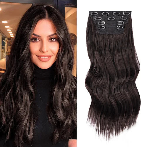 Clip in Synthetic Hair Extensions Long Wavy 4PCS Thick Hairpieces Dark