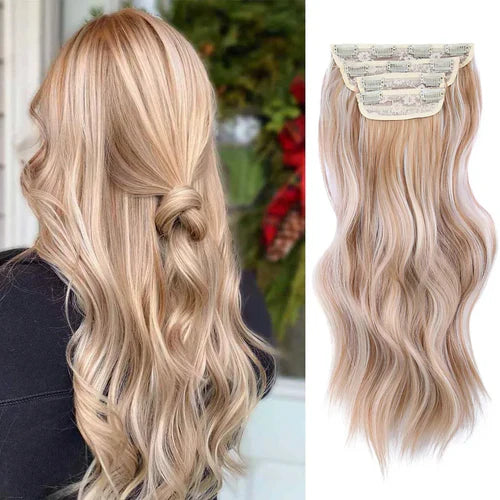 Clip in Synthetic Hair Extensions Long Wavy 4PCS Thick Hairpieces Dark