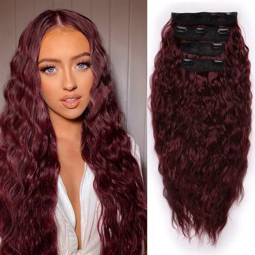 Clip in Synthetic Hair Extensions Long Wavy 4PCS Thick Hairpieces Dark