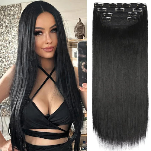 Clip in Synthetic Hair Extensions Long Wavy 4PCS Thick Hairpieces Dark
