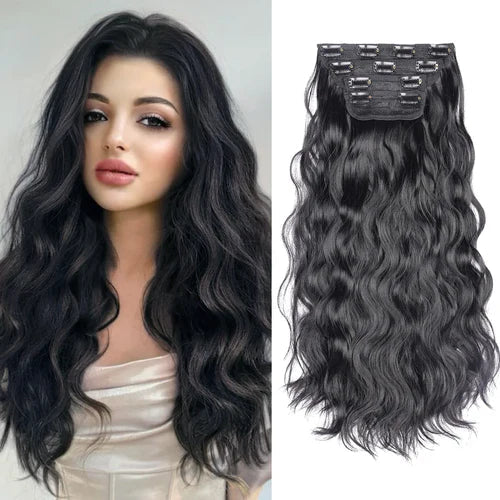 Clip in Synthetic Hair Extensions Long Wavy 4PCS Thick Hairpieces Dark