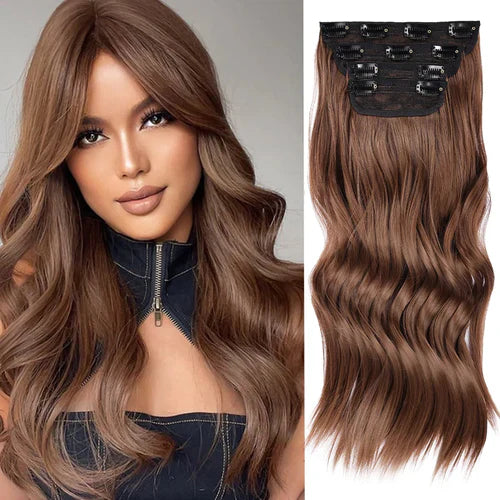 Clip in Synthetic Hair Extensions Long Wavy 4PCS Thick Hairpieces Dark