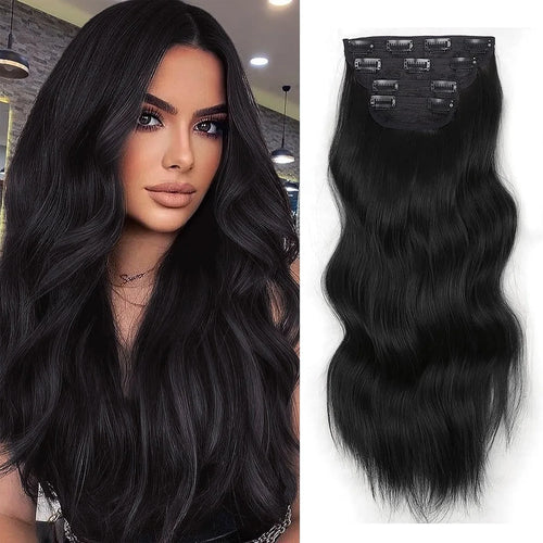 Clip in Synthetic Hair Extensions Long Wavy 4PCS Thick Hairpieces Dark