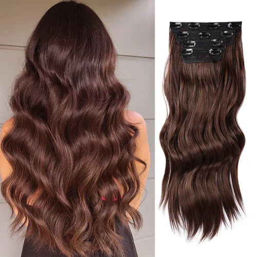 Clip in Synthetic Hair Extensions Long Wavy 4PCS Thick Hairpieces Dark