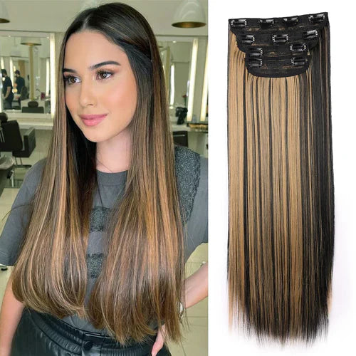 Clip in Synthetic Hair Extensions Long Wavy 4PCS Thick Hairpieces Dark