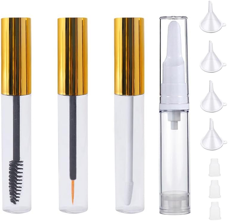 Clear Mascara Tube with Wand, Empty Lip Gloss Tubes and Eyeliner Tube with Brush Rubber Inserts and Funnels for Castor Oil, Foundation Pump Bottle Makeup Containers 10ml (4 Pack)