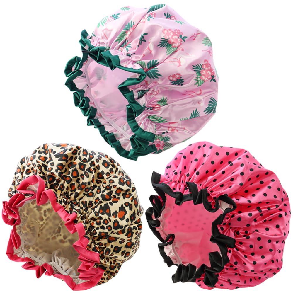 3 Pieces Shower Cap,Reusable Shower Caps Waterproof, Double Waterproof Layers Bathing Shower Hat, Soft Comfortable EVA Lined Shower Hat, Protection Hair Bath Women Caps
