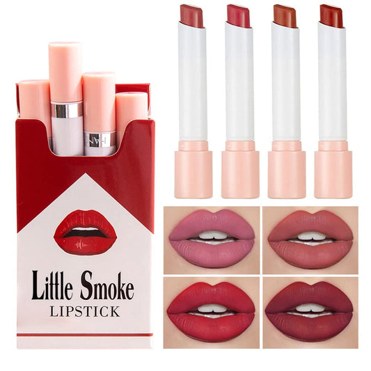 Little Small Smoke Tube Cigarettes Lipstick, Color Changing Lip Gloss Lipstick,Nude Matte Lipstick Set,Red Long Lasting 24 Hours Waterproof Ladies Lip Balm Lipstick 4 Pcs