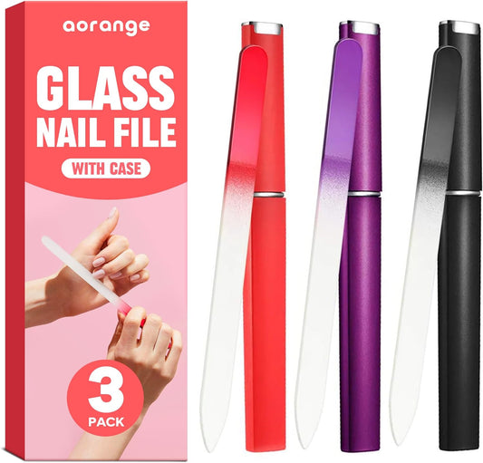 Glass Nail File with Case (3 Pack), Glass Nail Files for Natural Nails, Professional Czech Glass Nail File, Crystal Nail File, Gentle Nail Care Stocking Stuffers and Christmas Gifts for Women