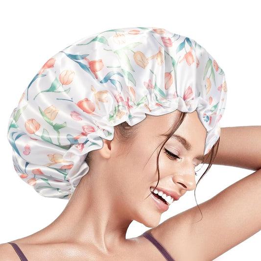 Aquior Shower Caps, Reusable Shower Cap for Women, Double Layer Waterproof Hair Cap, Large Size for All Hair Lengths,for Girls Spa Home Salon Use(White-Tulip)