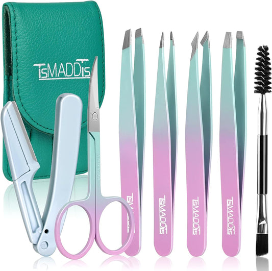 TsMADDTs Eyebrow Tweezer Set, 7 Pcs Tweezers Set for Women, Precision Tweezer for Eyebrows with Curved Scissors and Eyebrow Razor for Ingrown Hair
