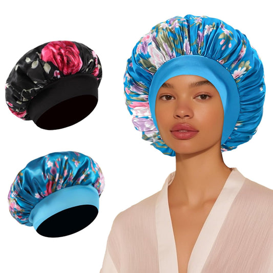 2Pcs Satin Bonnet Silk Bonnet for Sleeping, Bonnets for Women Silk Sleep Cap for Curly Hair, Hair Wrap With Wide Soft Band (Blue Black Floral) Srevela