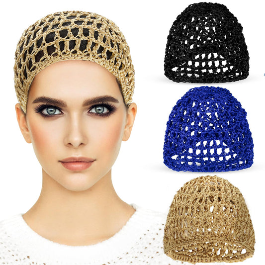 Etercycle 3 Pieces Mesh Crochet Hair Net Snoods for Women, Soft Rayon Knit Crochet Hairnet Hair Cover Accessory for Sleeping (Black, Blue, Khaki)