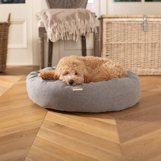 Discover Our Handmade Luxury Donut Dog Bed, In Pewter Herringbone Tweed, The Perfect Choice For Puppies Available Now at Lords & Labradors