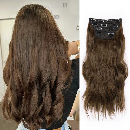 Clip in Synthetic Hair Extensions Long Wavy 4PCS Thick Hairpieces Dark