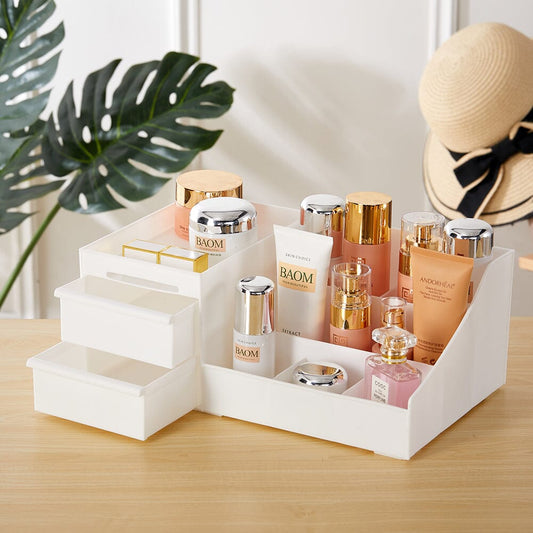 32.3cm W White Plastic Storage Box with Drawers for Makeup