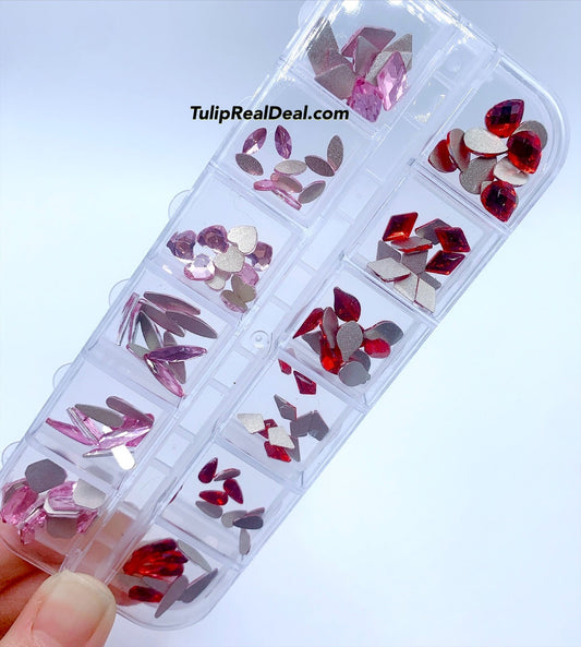 120pcs RED and PINK Rhinestones 12 Shapes